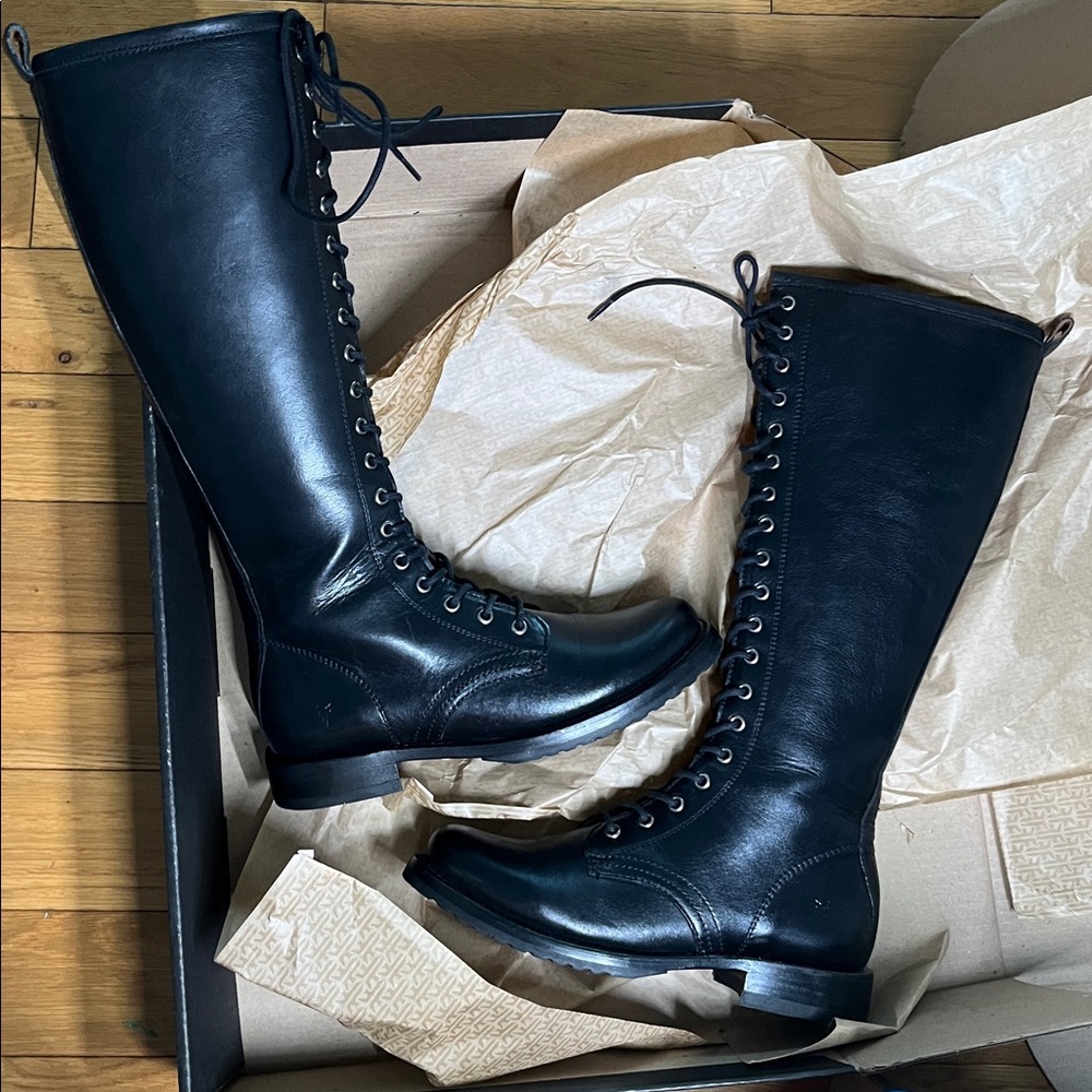 Frye Leather Black Lace-Up Knee-High Boots